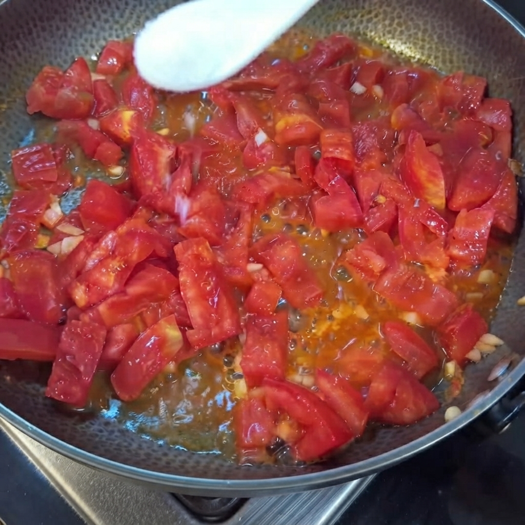 Un cucchiaio bianco che sparge sale sui pomodori rossi tagliati a pezzi in cottura in una padella.