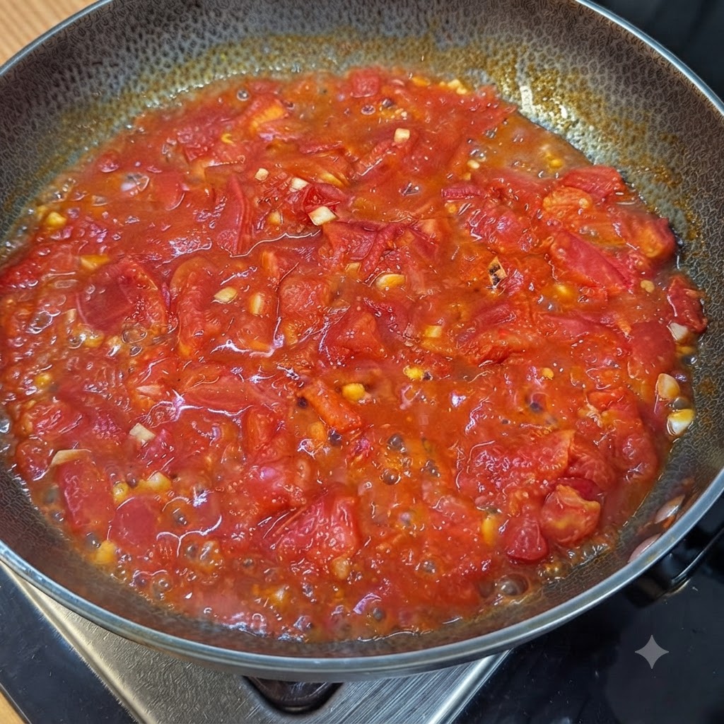 Pomodori tagliati a pezzi cotti fino a diventare una ricca salsa rossa bollente allinterno di una padella.