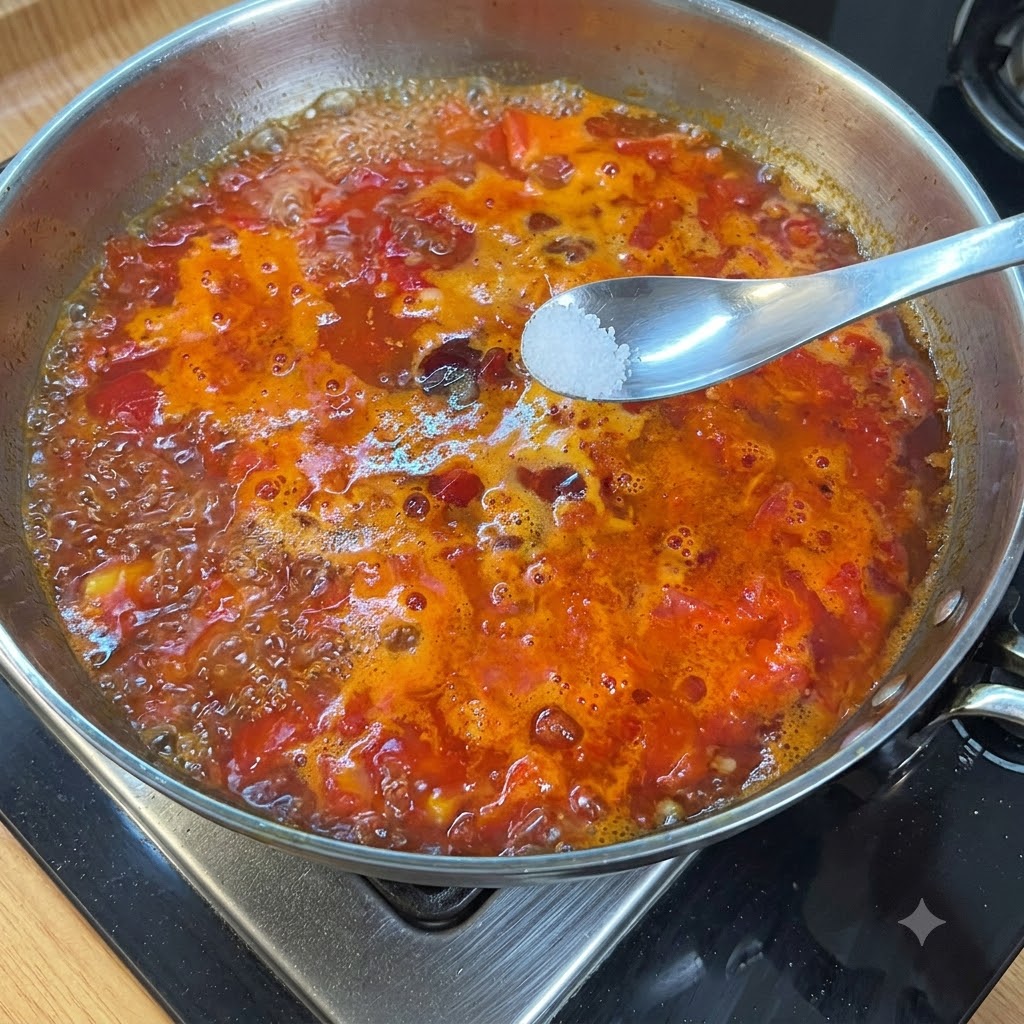 Un cucchiaio che tiene il sale sopra un brodo di pomodoro rosso sobbollente allinterno di una padella di metallo.