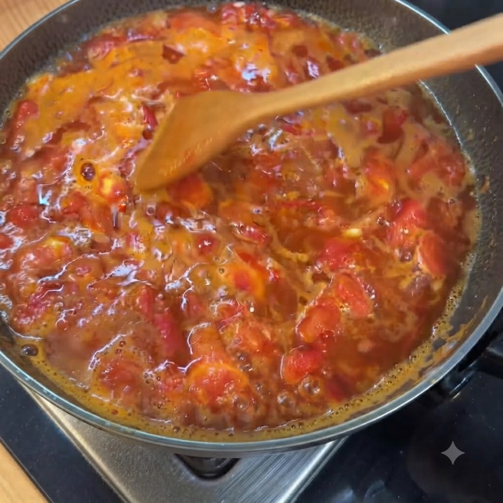 Un mazzetto di funghi enoki freschi gettato in una pentola di brodo di pomodoro sobbollente.