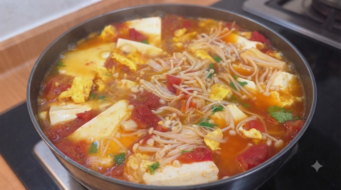 Una pentola vibrante di zuppa di pomodoro e tofu arricchita con funghi enoki freschi e soffici uova strapazzate.