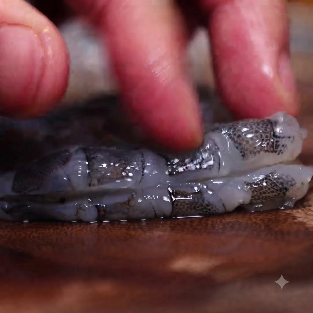 Primo piano di dita che premono delicatamente su un pezzo di calamaro bianco inciso su un tagliere di legno.