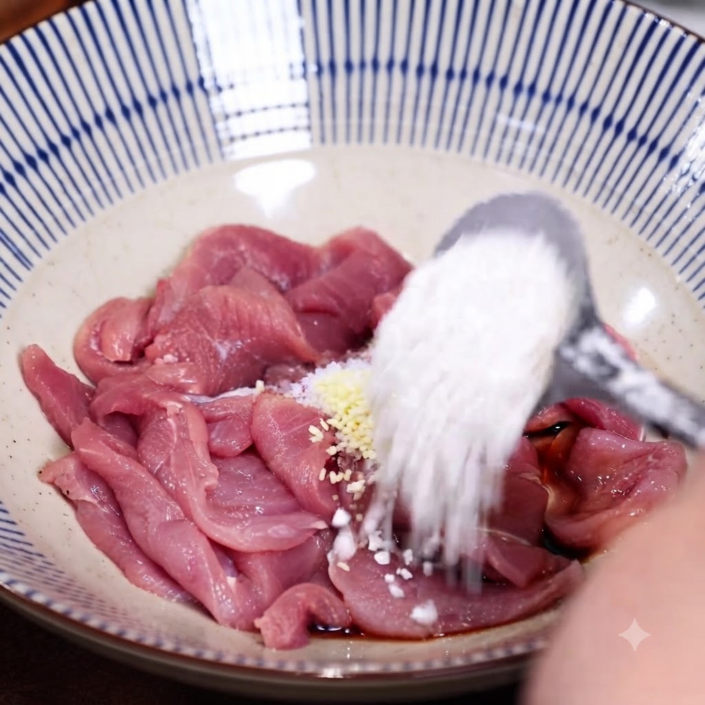 Un cucchiaio di amido bianco versato in una ciotola di maiale crudo a fette con aglio tritato e salsa di soia.
