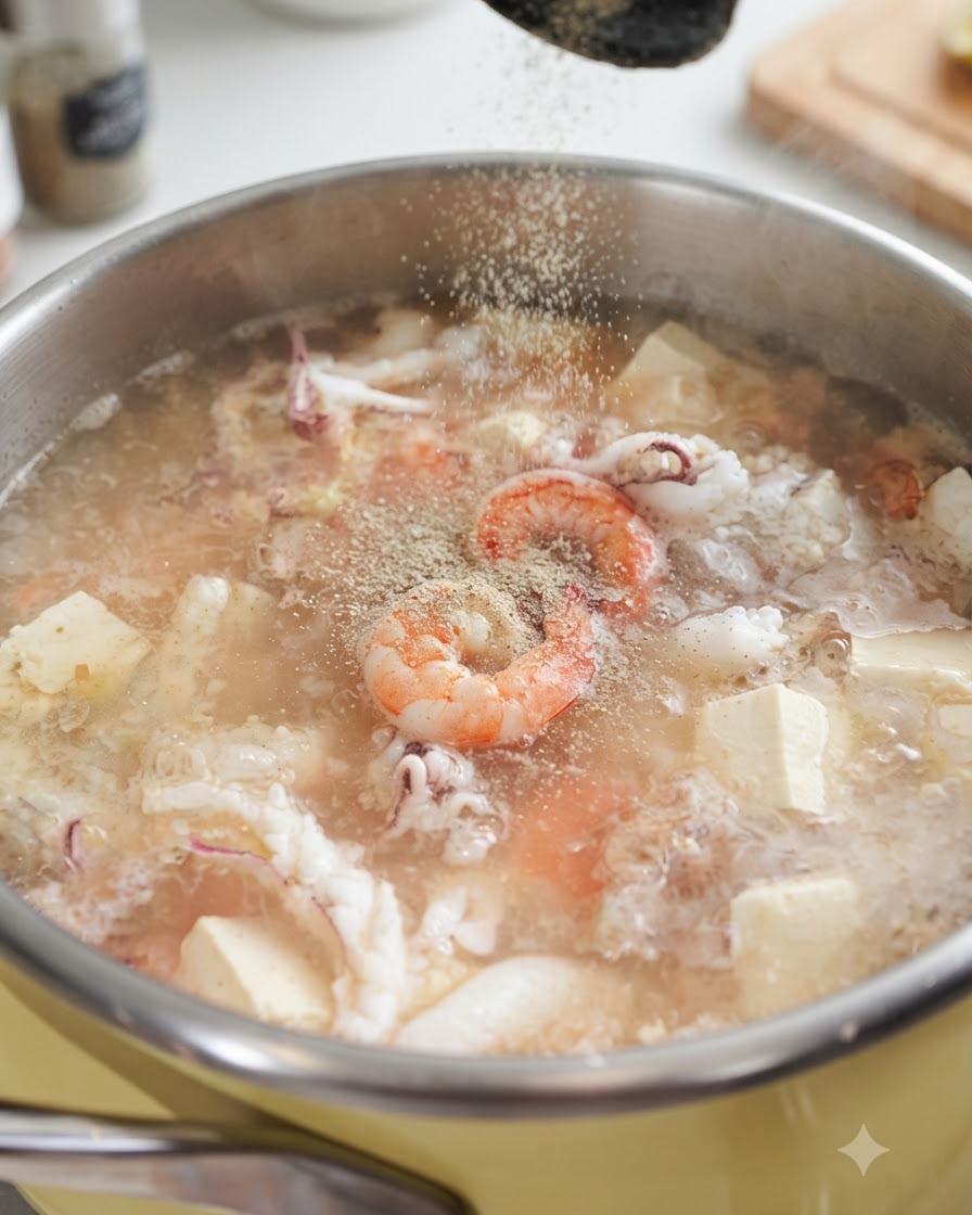 Polvere di pepe bianco cosparsa in una pentola di zuppa di mare bollente contenente gamberi, calamari e tofu.