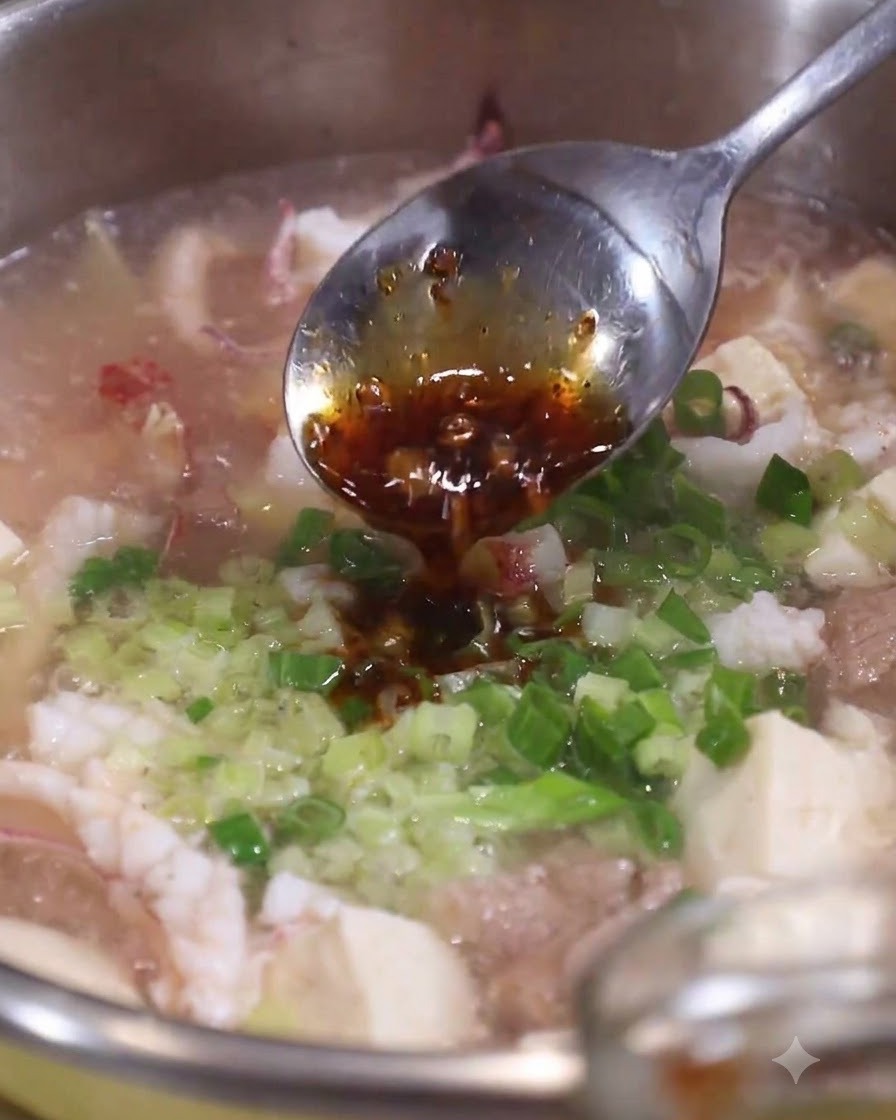 Un cucchiaio di olio di scalogno scuro gocciolato su cipollotti tritati freschi e sedano in una pentola di zuppa di mare calda.