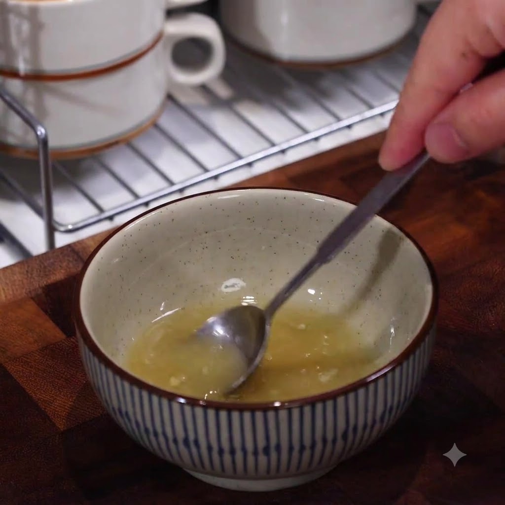 Una mano che usa un piccolo cucchiaio per mescolare una miscela di farina, olio e acqua in una piccola ciotola di ceramica.