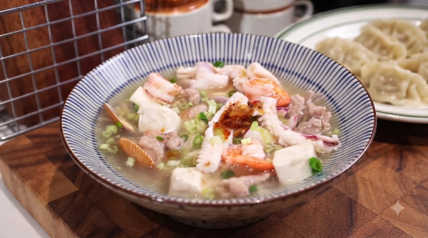 Zuppa di Mare Minnan con Ravioli Croccanti a Fiore di Ghiaccio