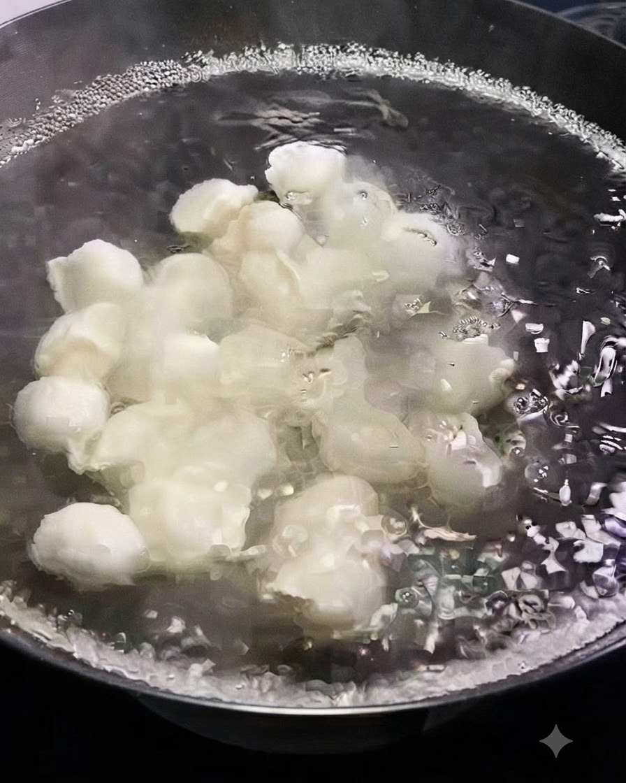 Una vista ravvicinata di dumpling bianchi freschi che cuociono in una pentola di acqua bollente vivace.