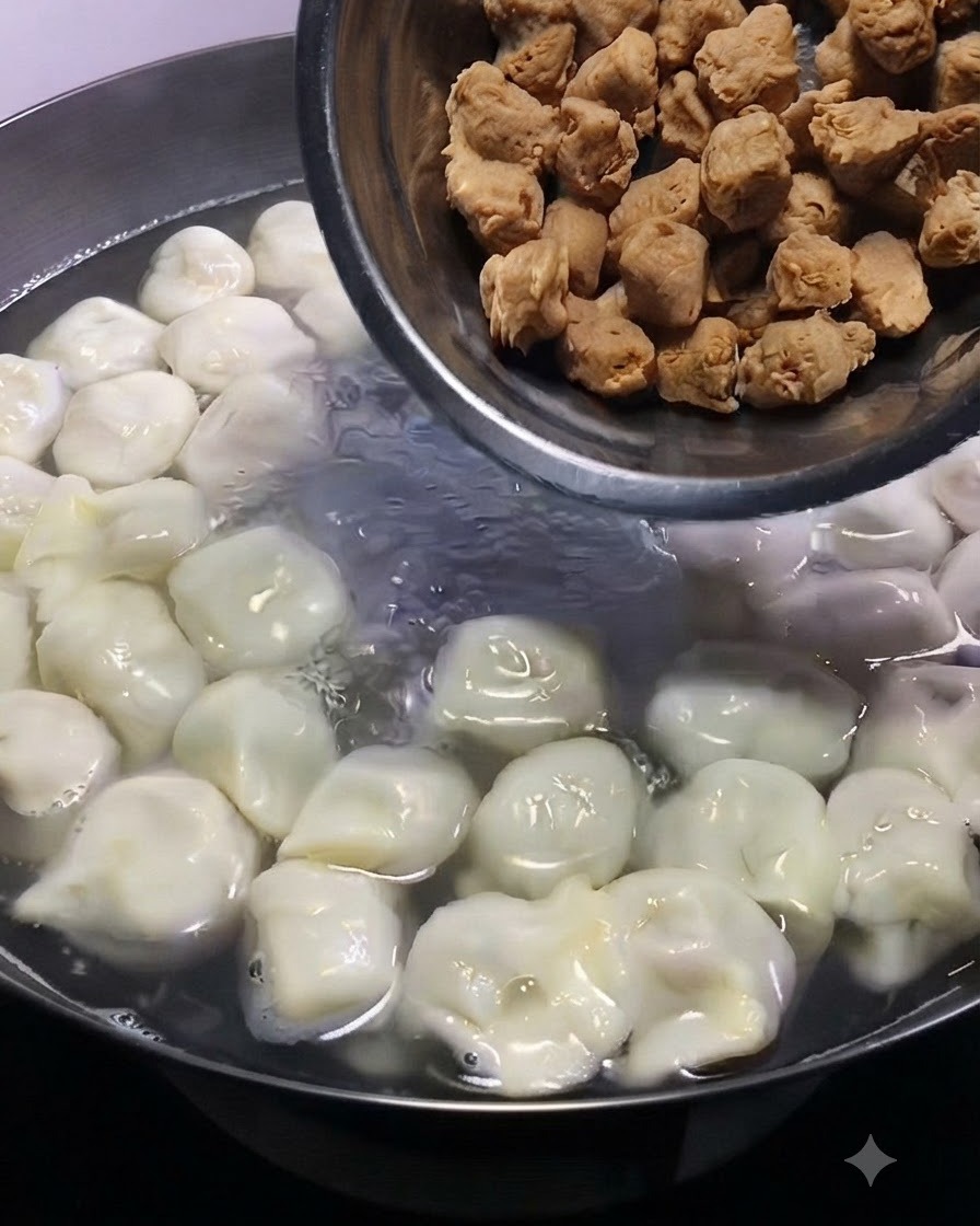 Piccole polpette marroni versate da una ciotola di metallo in una pentola fumante contenente i dumpling.