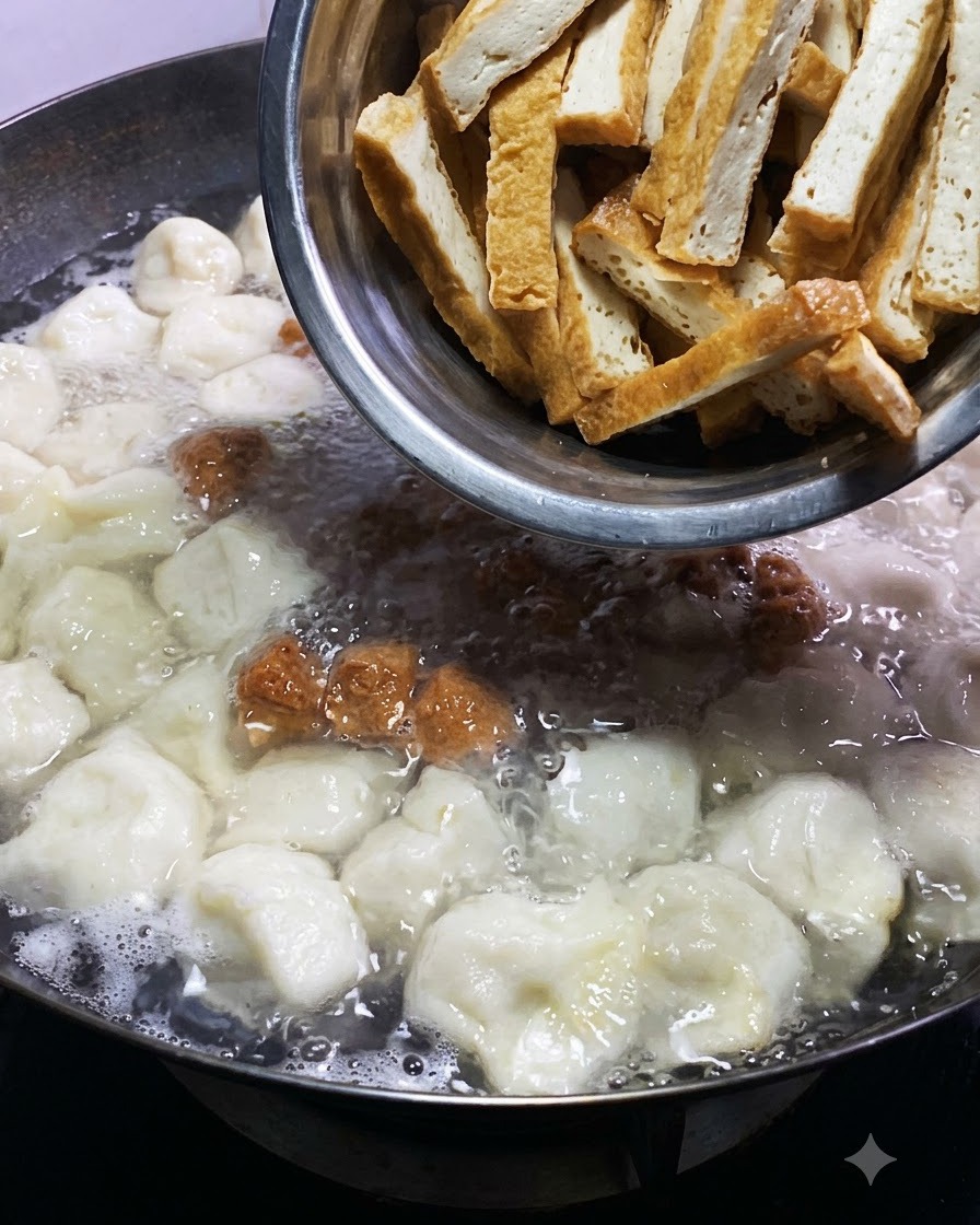 Strisce di tofu fritto dorato che scivolano da una ciotola di metallo nella pentola bollente insieme a dumpling e polpette.