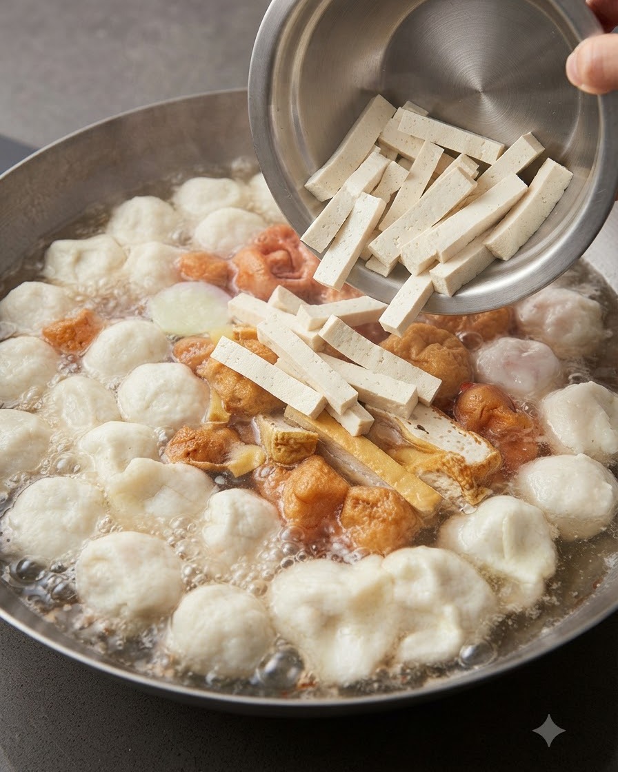 Una ciotola di metallo che versa bastoncini ordinatamente affettati di tofu bianco fresco in una zuppa ricca con vari ingredienti.