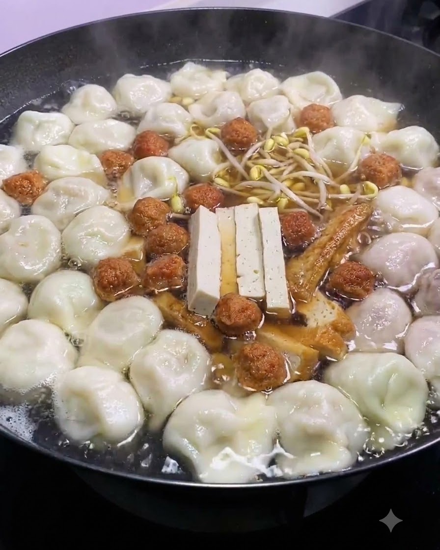 Freschi germogli di soia gialli posizionati al centro di una pentola affollata di zuppa bollente con dumpling, tofu e polpette.