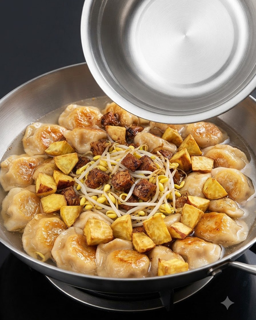 Patate dolci fritte dorate e cubettate disposte sopra il composto di zuppa fumante con un coperchio di metallo sollevato sopra.