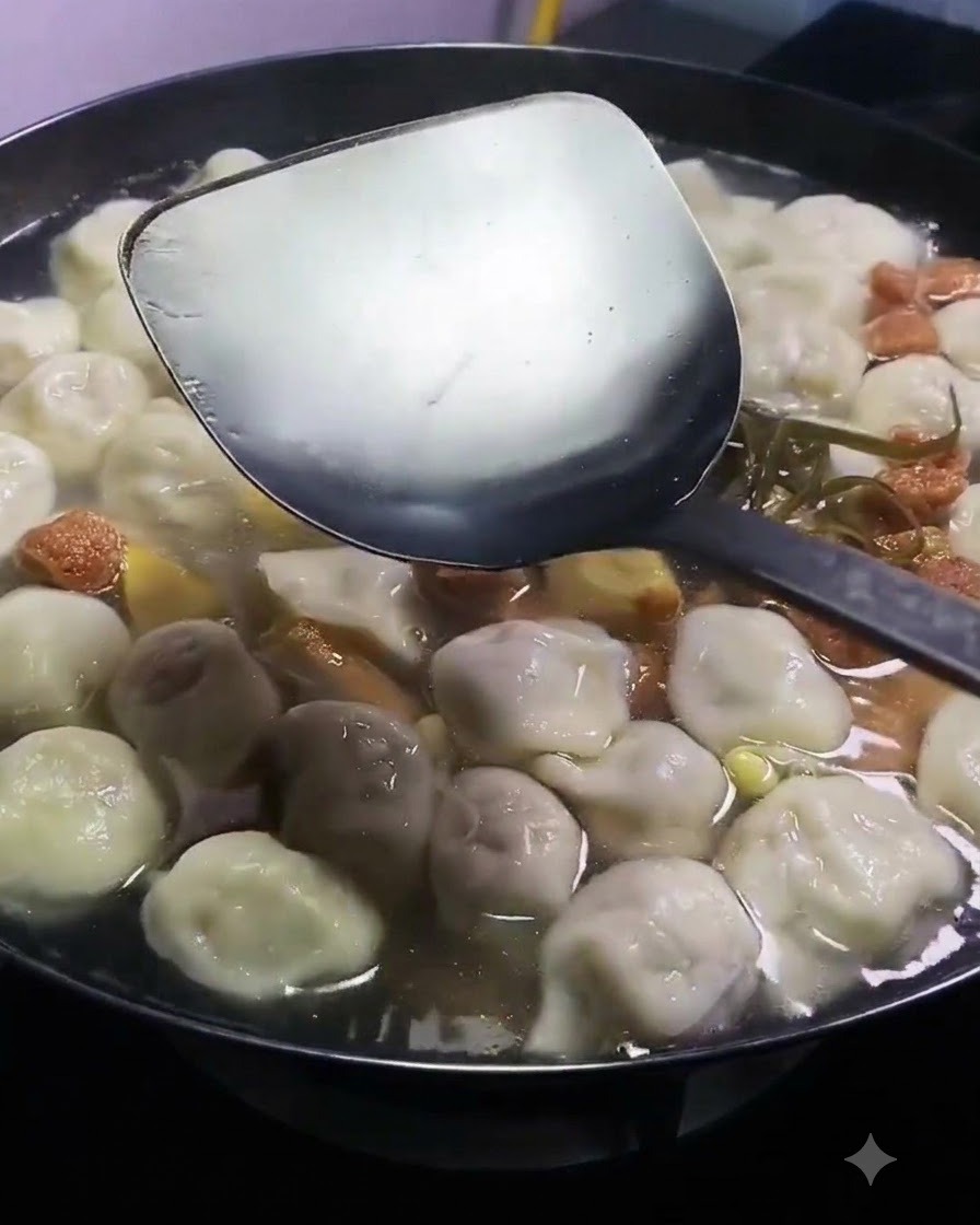 Un mestolo che versa la salsa di soia leggera in una pentola fumante piena di dumpling, carne e tofu.