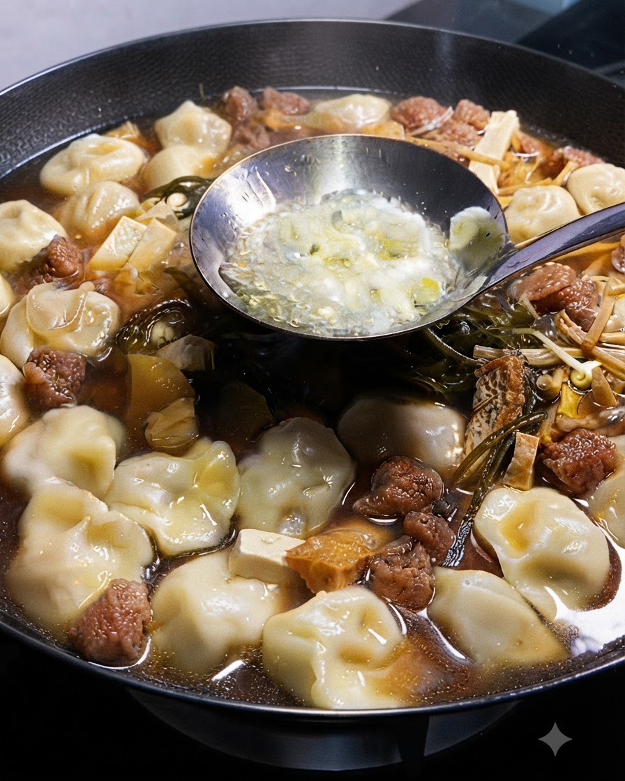 Un mestolo contenente olio caldo con scalogno tritato e aglio versato nel brodo in ebollizione.