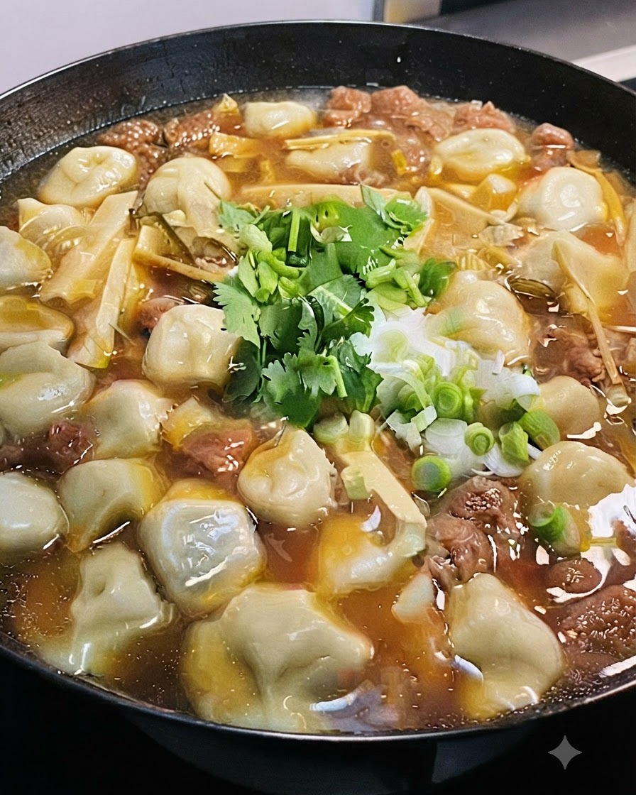 Coriandolo fresco tritato e cipolle verdi sparse sopra la zuppa di dumpling cotta.