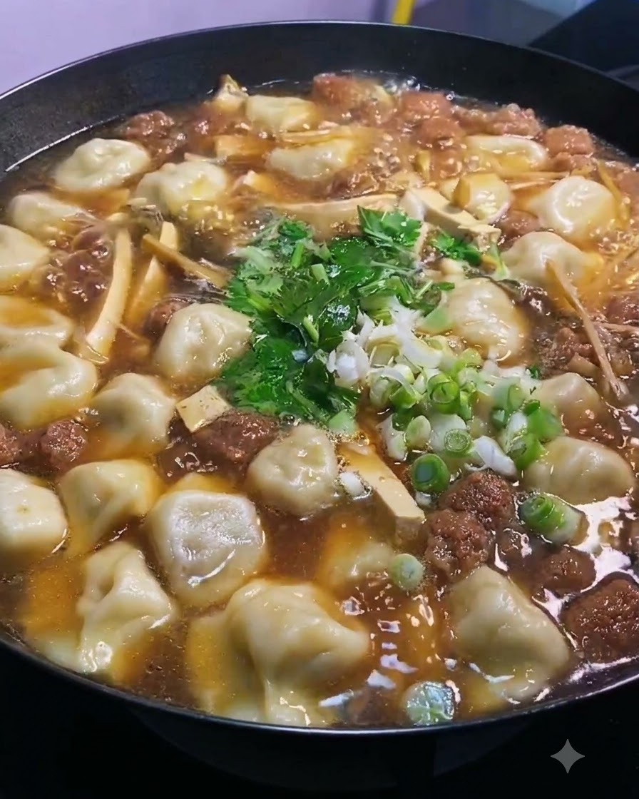 Qualche goccia di olio di sesamo fatta gocciolare sulla superficie del brodo caldo.