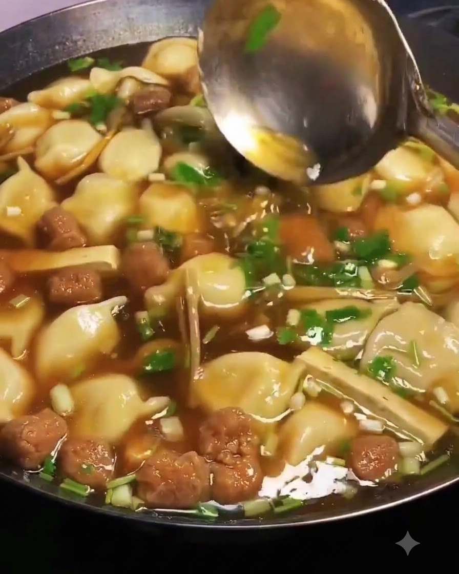 Un grande mestolo che mescola delicatamente il composto finito della zuppa di dumpling nel wok.