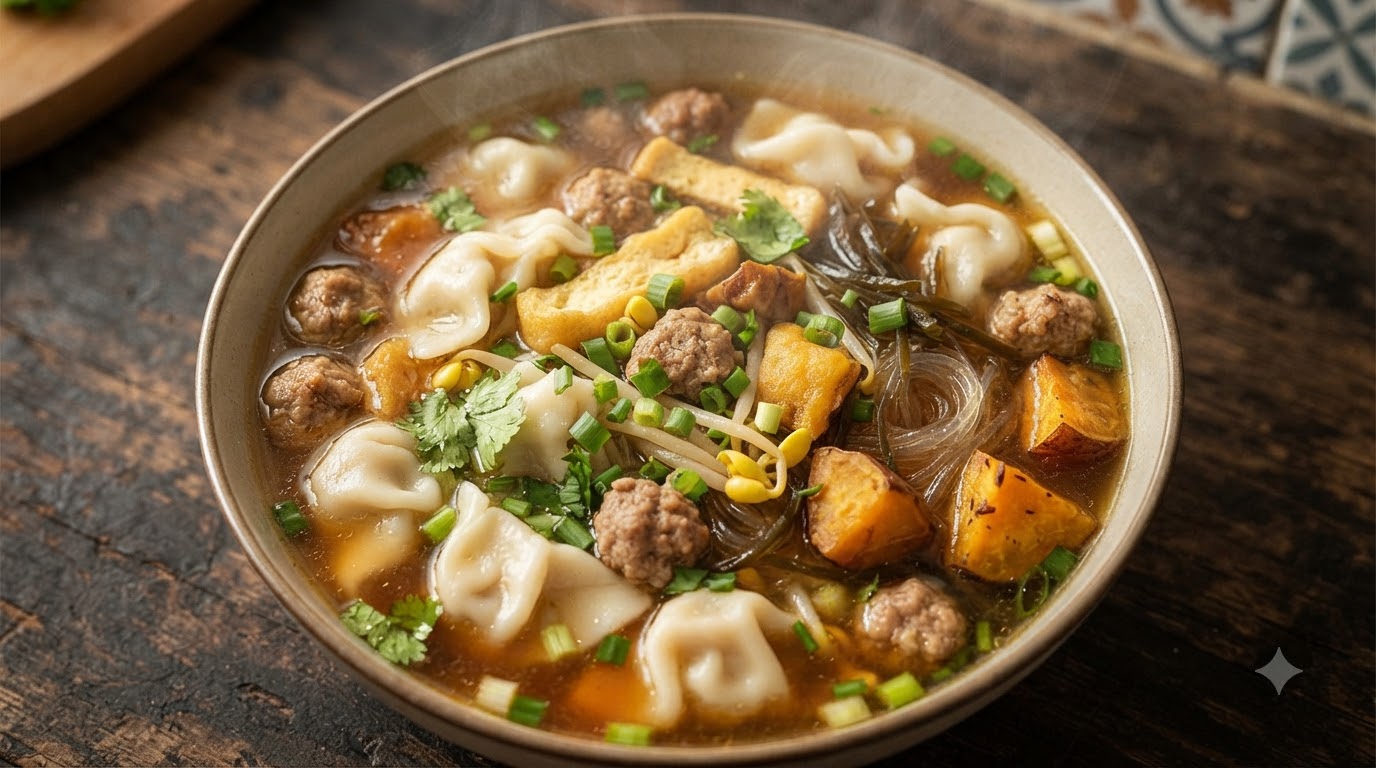 Zuppa Cinese Saporita di Dumpling con Polpette e Tofu
