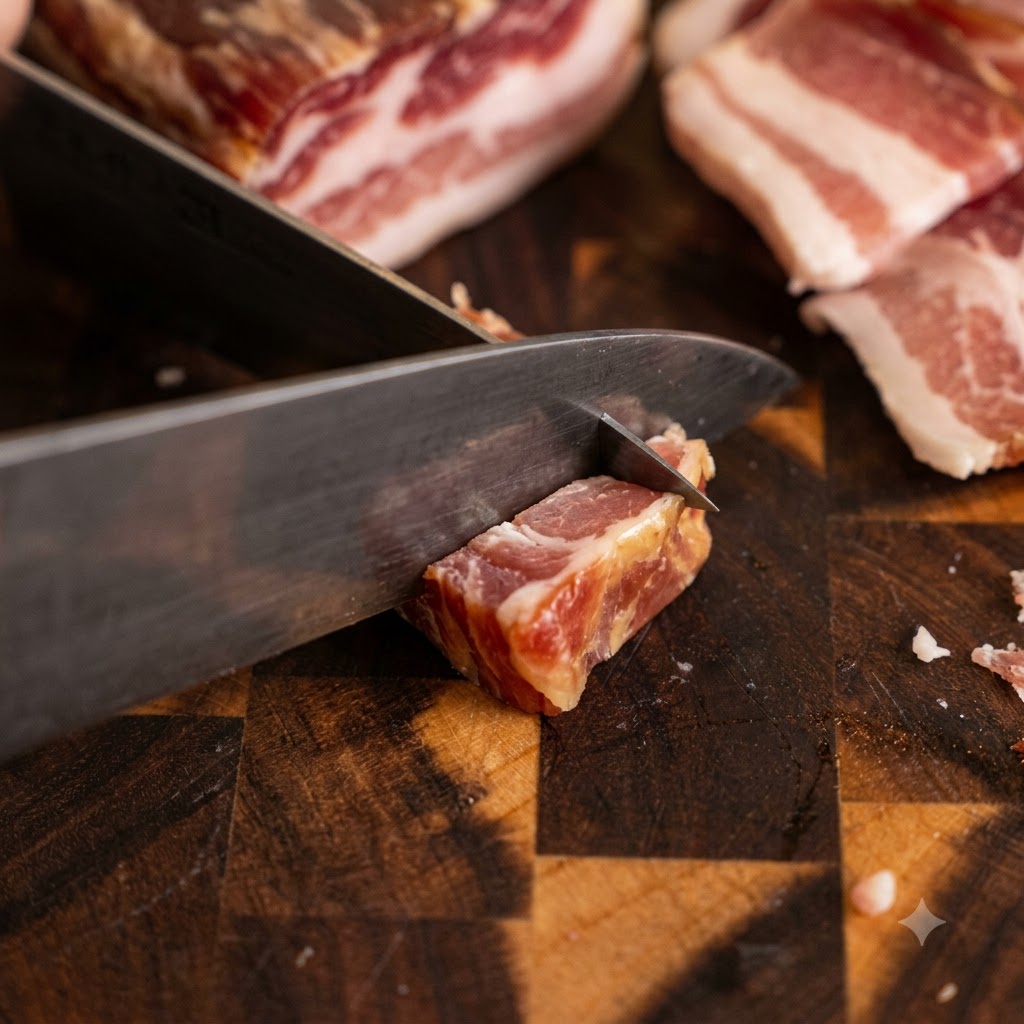 Un coltello da cucina che affetta un pezzo spesso di bacon su un tagliere di legno.