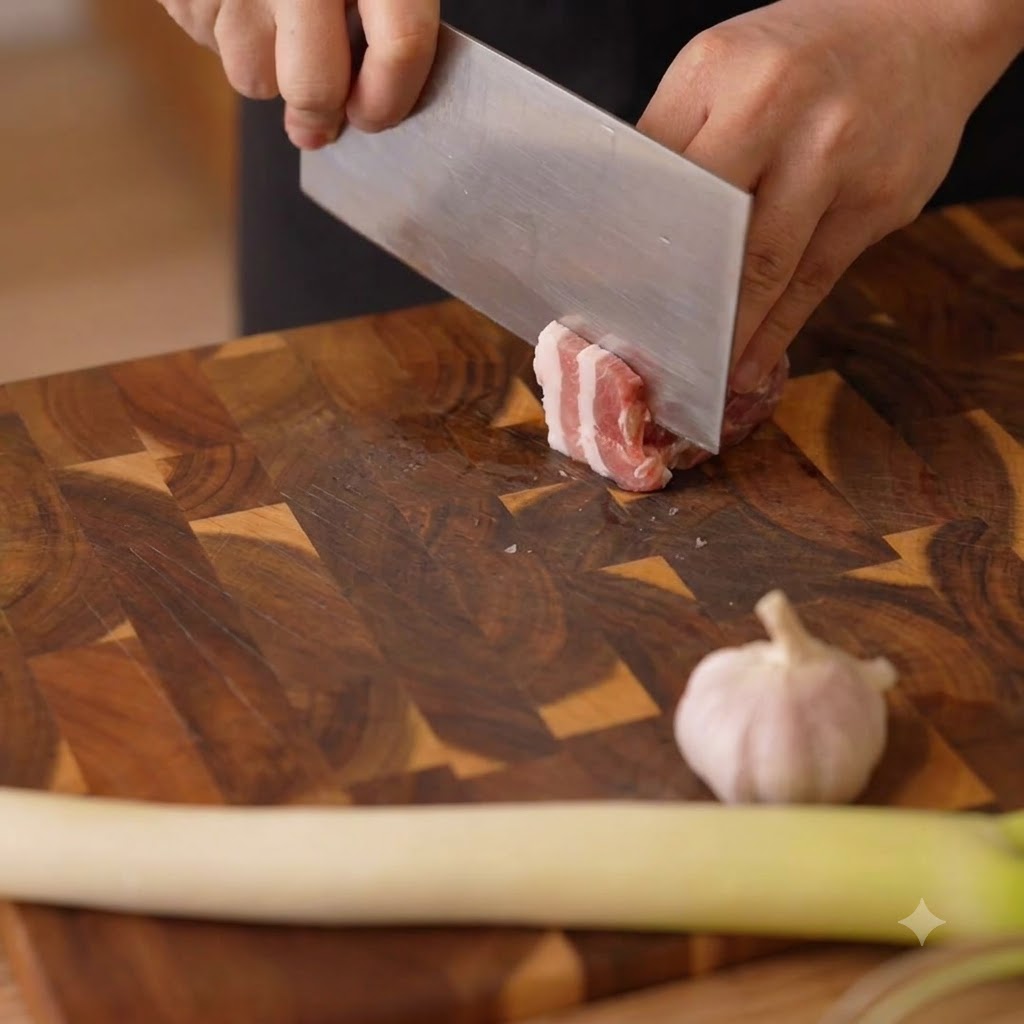 Mani che usano una mannaia grande per tagliare un pezzo di pancetta a fette sottili su un tagliere di legno.