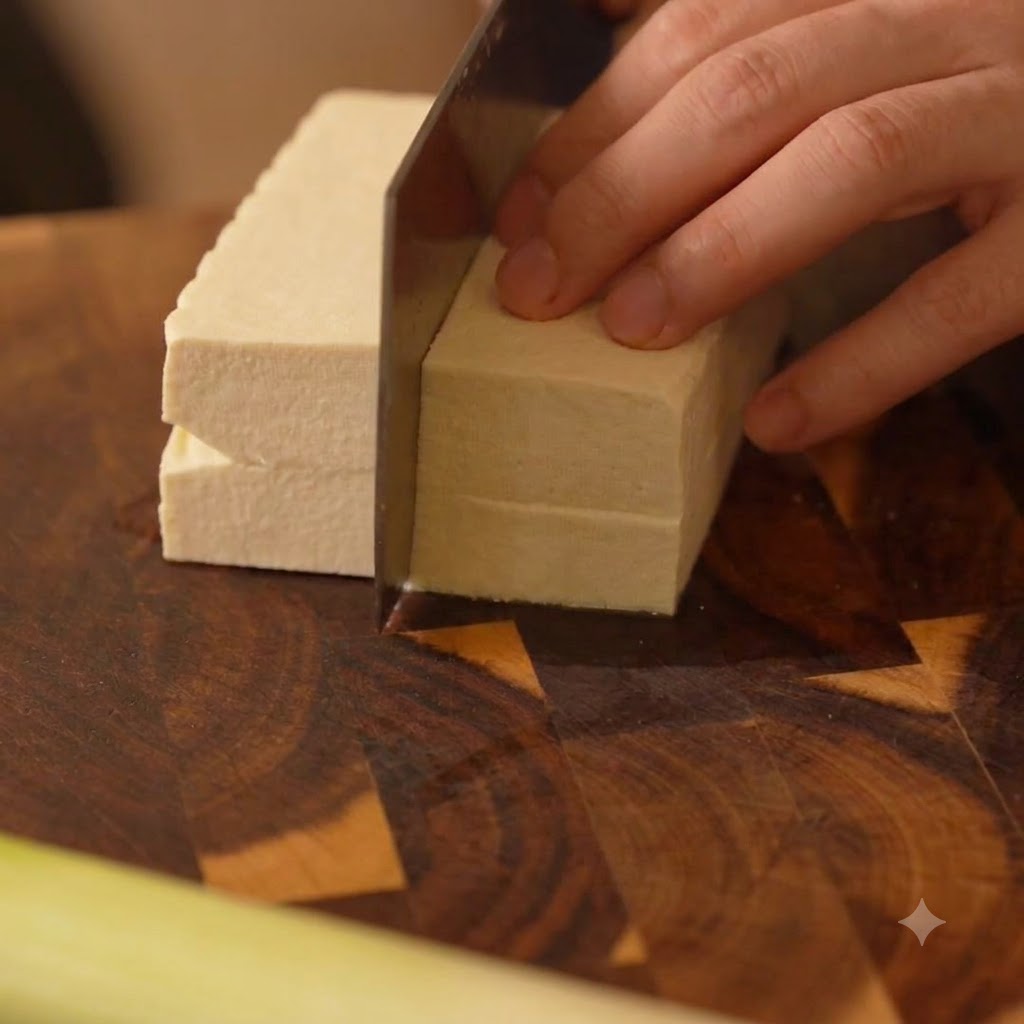 Una mano che guida un coltello per tagliare un blocco di tofu bianco in piccoli cubetti su un tagliere di legno.