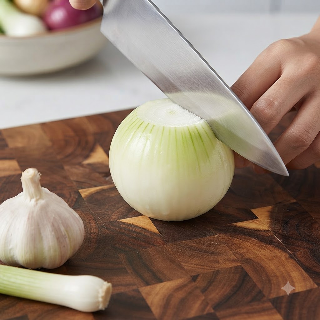 Un coltello da chef che affetta una cipolla bianca intera sbucciata in spicchi su un tagliere di legno.
