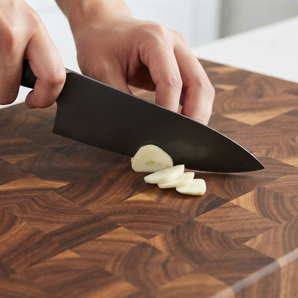 Spicchi daglio e cipolla bianca tritati su un tagliere di legno con un coltello da cucina.