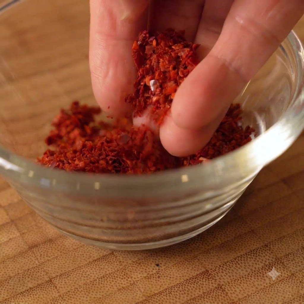 Una mano che tiene un pizzico di fiocchi di peperoncino rosso sopra una piccola ciotola di vetro.