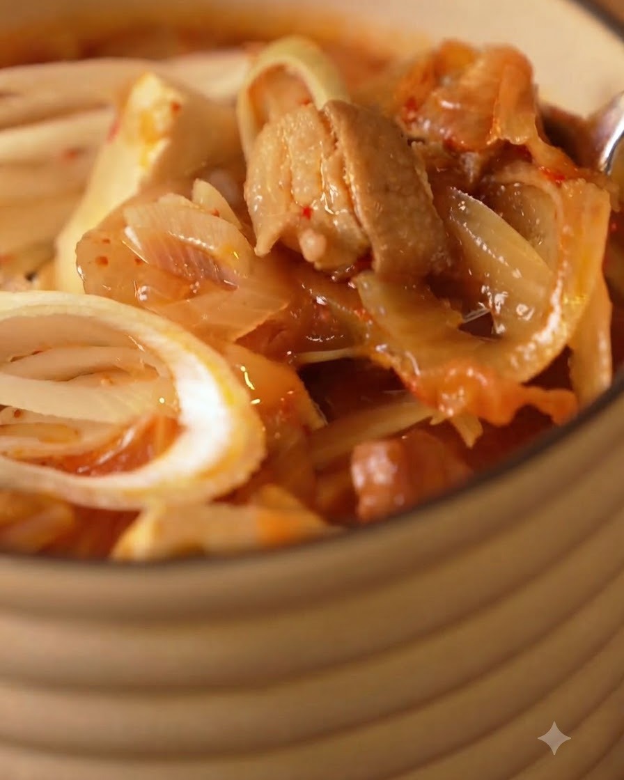 Uno scatto ravvicinato di zuppa calda di kimchi contenente cipolle, tofu e maiale allinterno di una ciotola da portata.