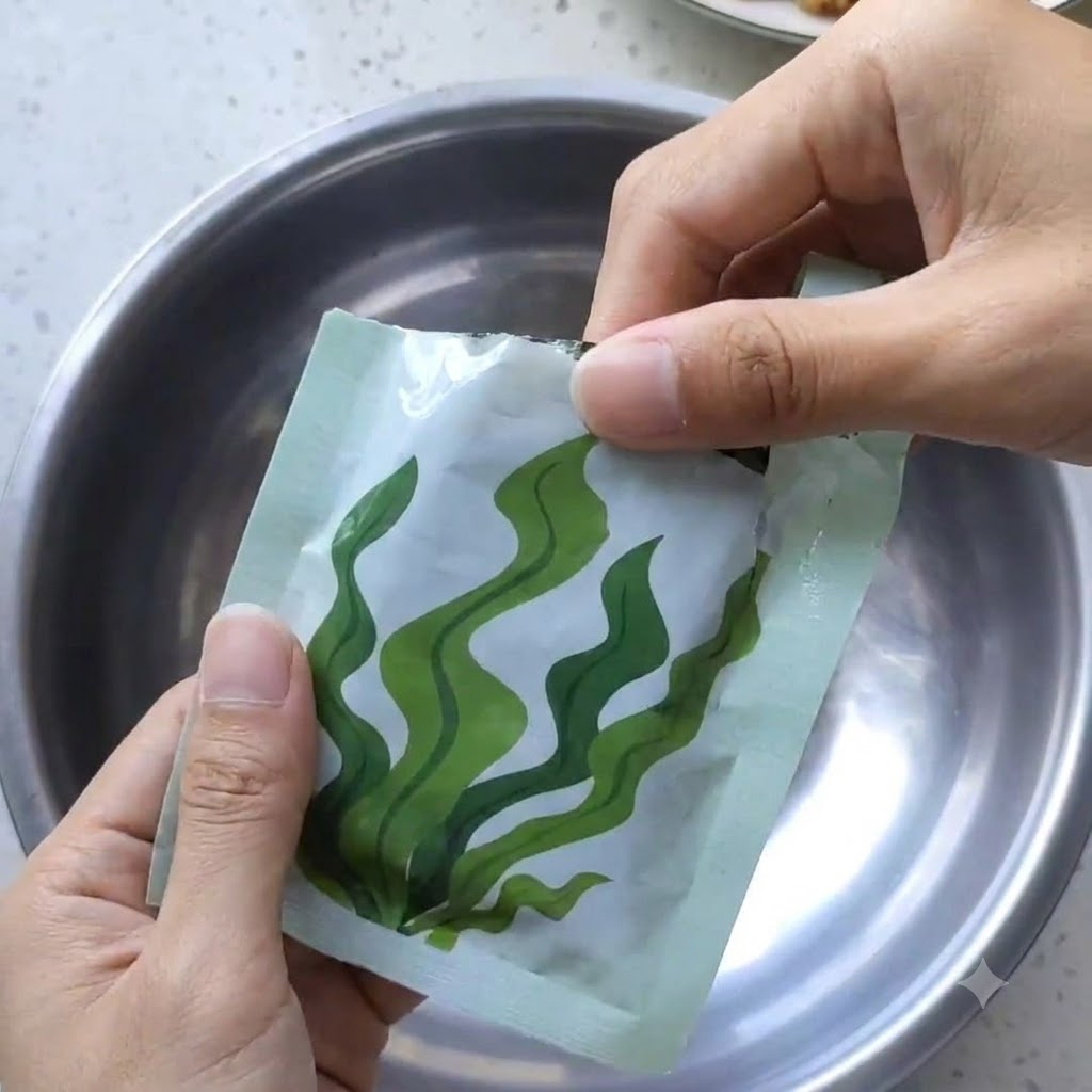 Un paio di mani che aprono una confezione di alga kelp compressa sopra una ciotola di metallo.