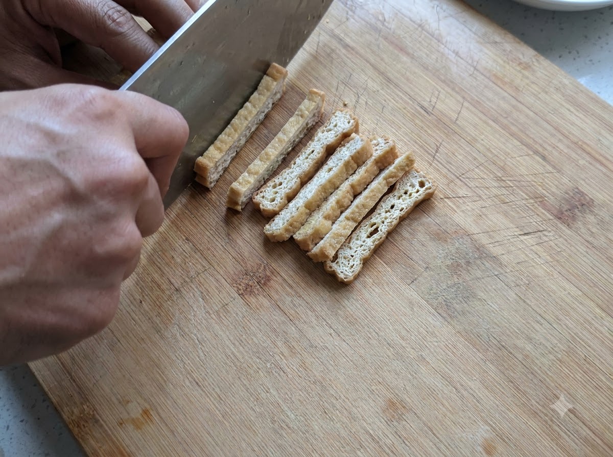 Un paio di mani che affettano il tofu fritto in strisce sottili con un coltello su un tagliere di legno.