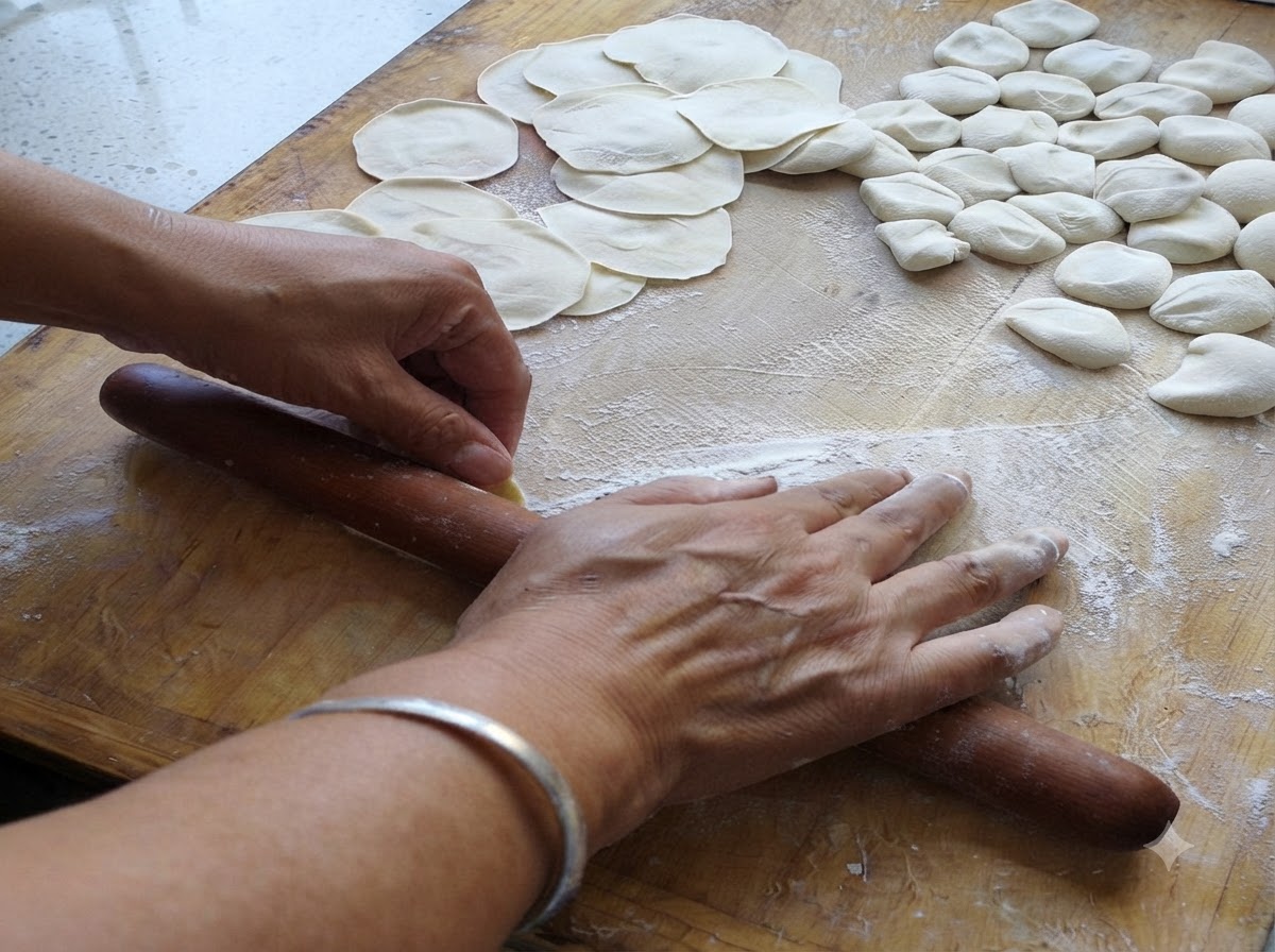 Mani che stendono involucri rotondi per ravioli usando un mattarello di legno su una superficie infarinata.