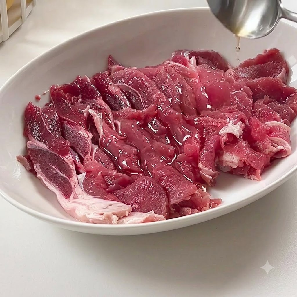 Manzo crudo affettato su un piatto bianco mentre viene irrorato con salse di condimento da un cucchiaio.