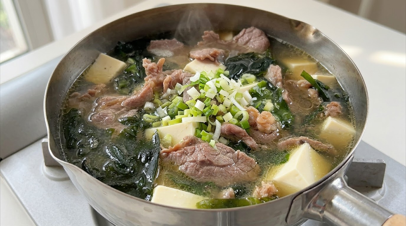 Una pentola fumante di zuppa ipocalorica di manzo, tofu e alghe guarnita con cipollotti freschi