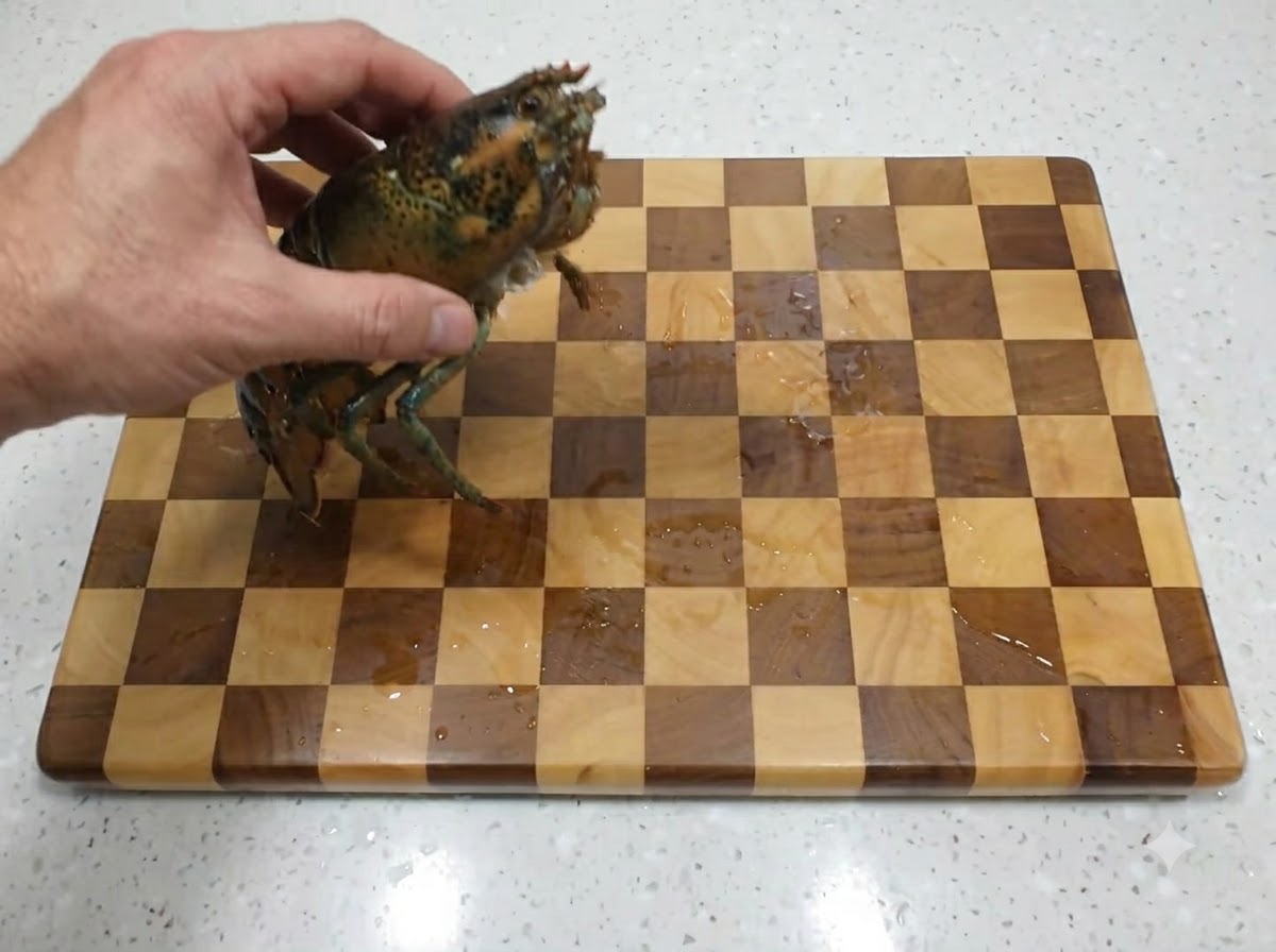 Una mano che tiene unaragosta fresca cruda sopra un tagliere di legno a quadri.