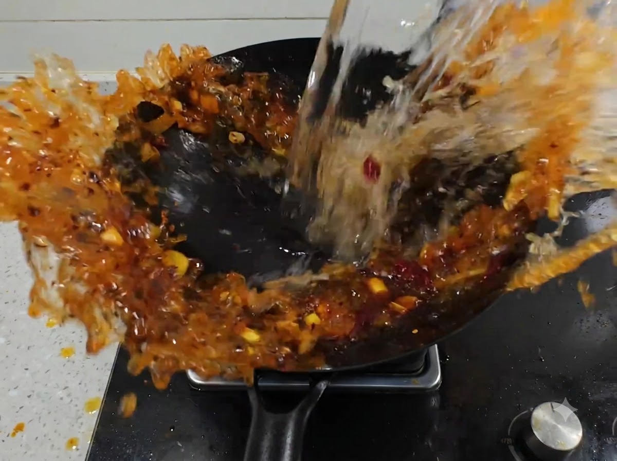 Acqua versata da una brocca in un wok pieno di pasta di peperoncino piccante sfrigolante e aromi.