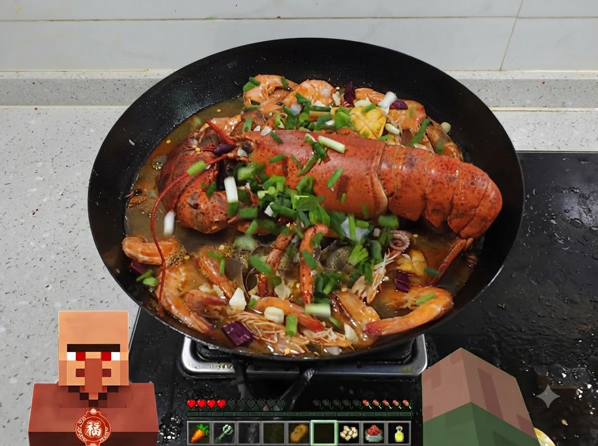 Un grande wok pieno di aragosta cotta, gamberi e frutti di mare guarnito con un generoso strato di cipolle verdi tritate.