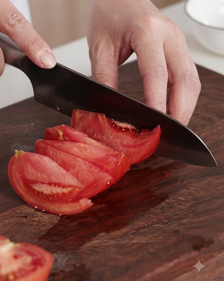 Pomodori rossi freschi tagliati a spicchi spessi su un tagliere di legno con un coltello.