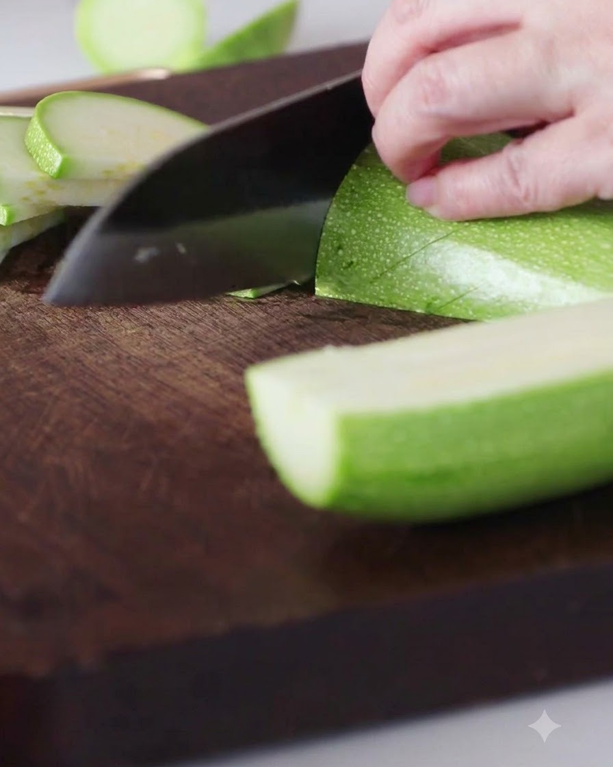 Una zucchina verde tagliata a mezze lune su un tagliere di legno.