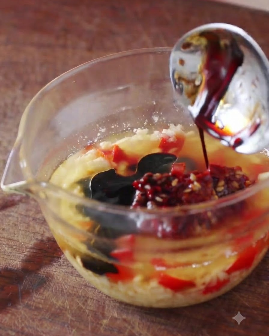 Salsa di soia scura e condimenti versati da un cucchiaio in una ciotola di vetro con aglio e peperoncino, amalgamandosi in una salsa densa.