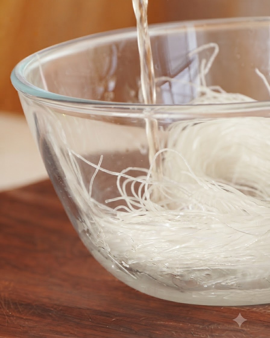 Acqua tiepida versata in una ciotola di vetro trasparente riempita di noodles di vetro secchi.