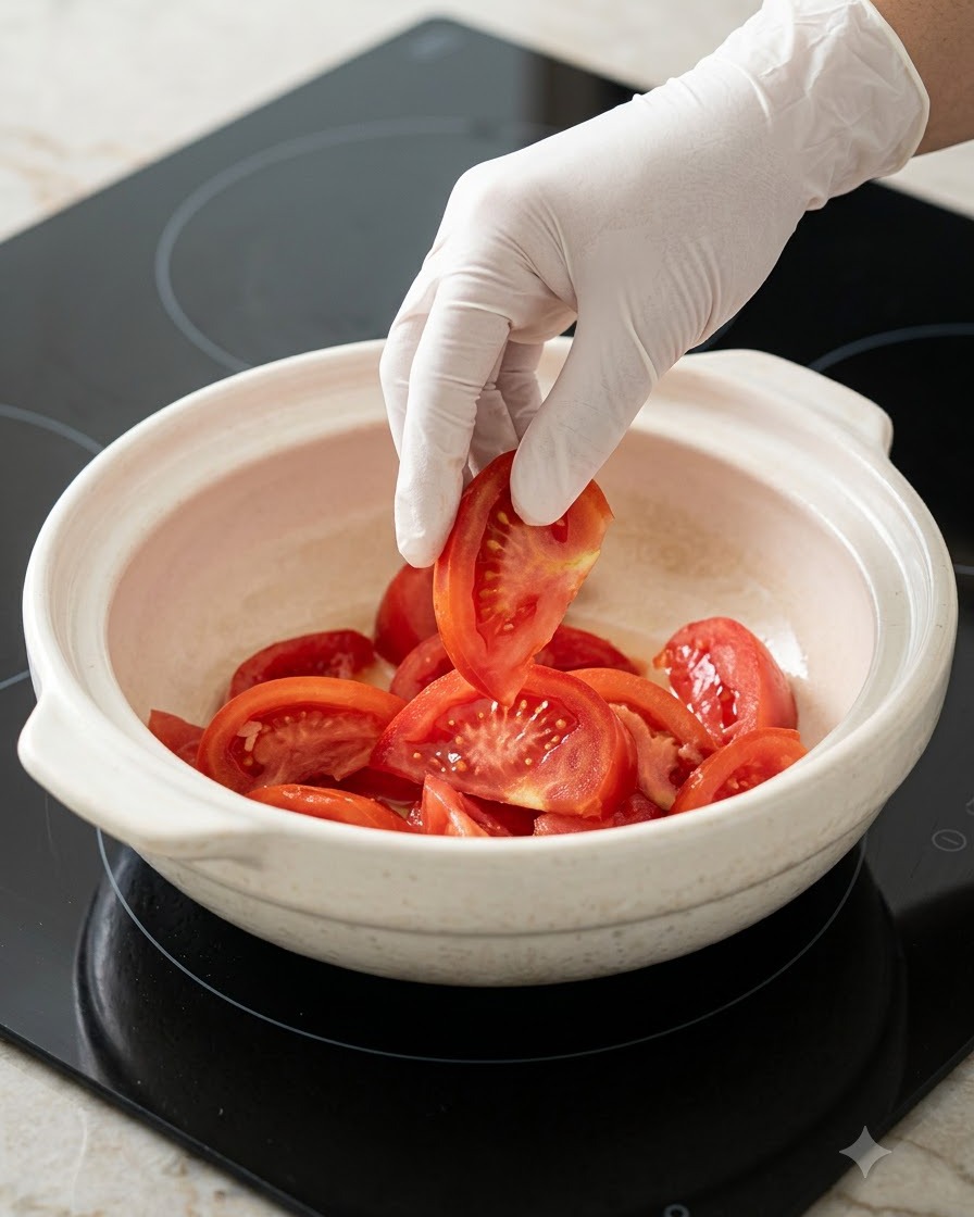 Pomodori disposti in modo piatto allinterno di una pentola in ceramica bianca per formare lo strato inferiore.