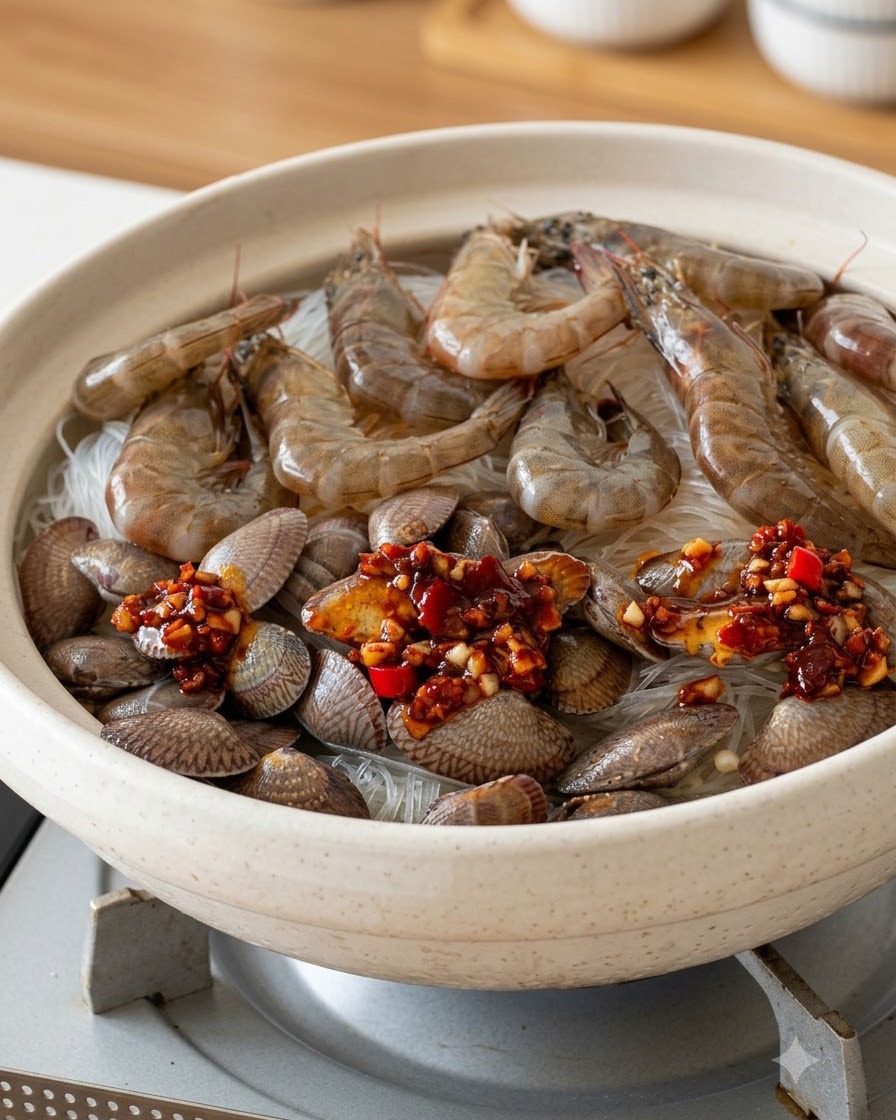 Salsa rossa allaglio e peperoncino versata uniformemente con un cucchiaio sui frutti di mare e sui noodles disposti.