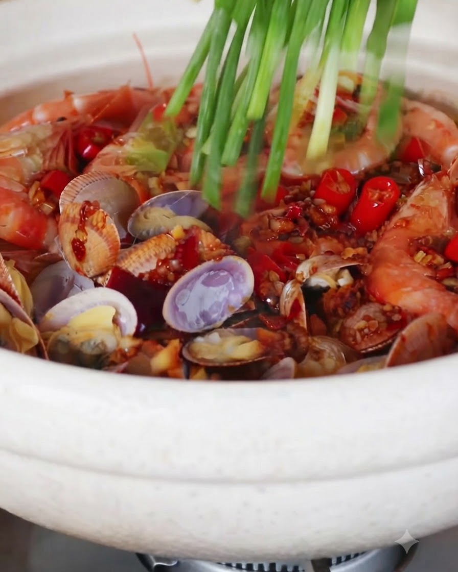 Una manciata di cipollotti freschi sparsi su una pentola ribollente di frutti di mare e noodles.
