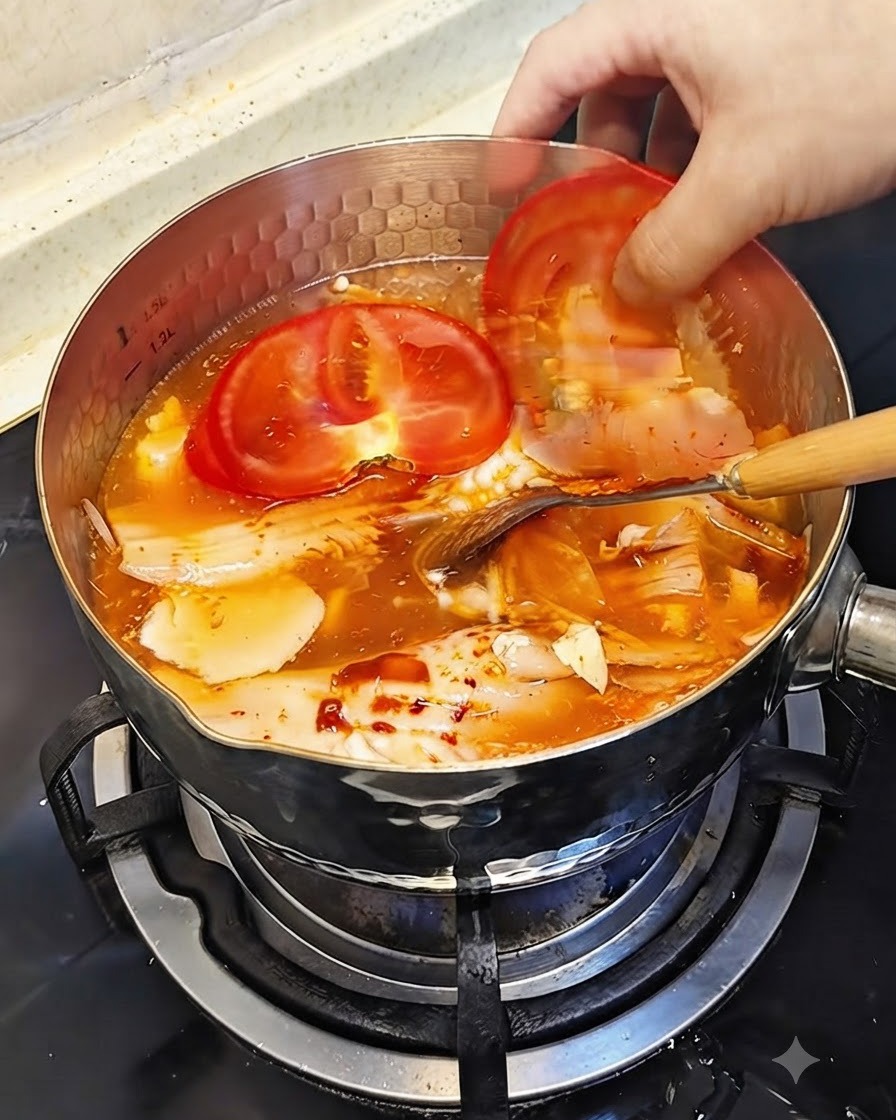 Due fette spesse di pomodoro rosso fresco messe nel brodo rosso sobbollente dellhot pot.