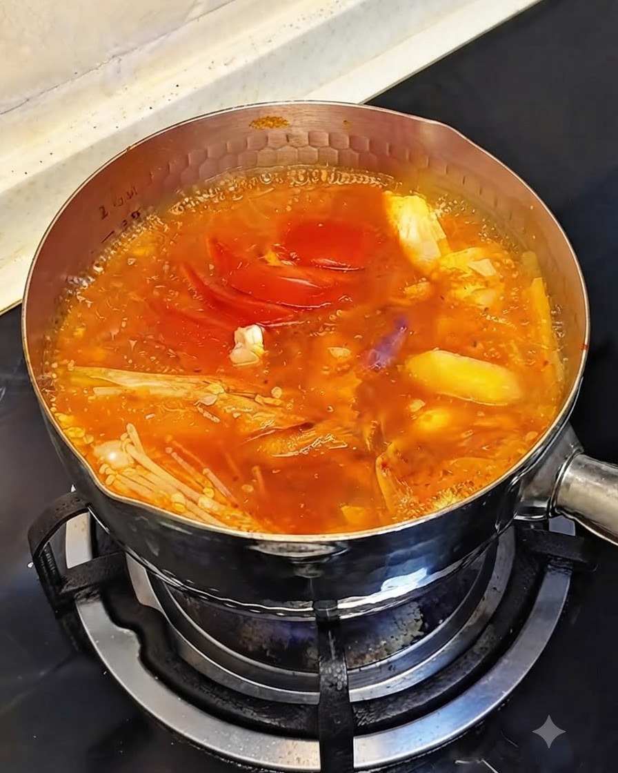 Gamberi crudi interi che cuociono allinterno dello stufato rosso gorgogliante e sobbollente.