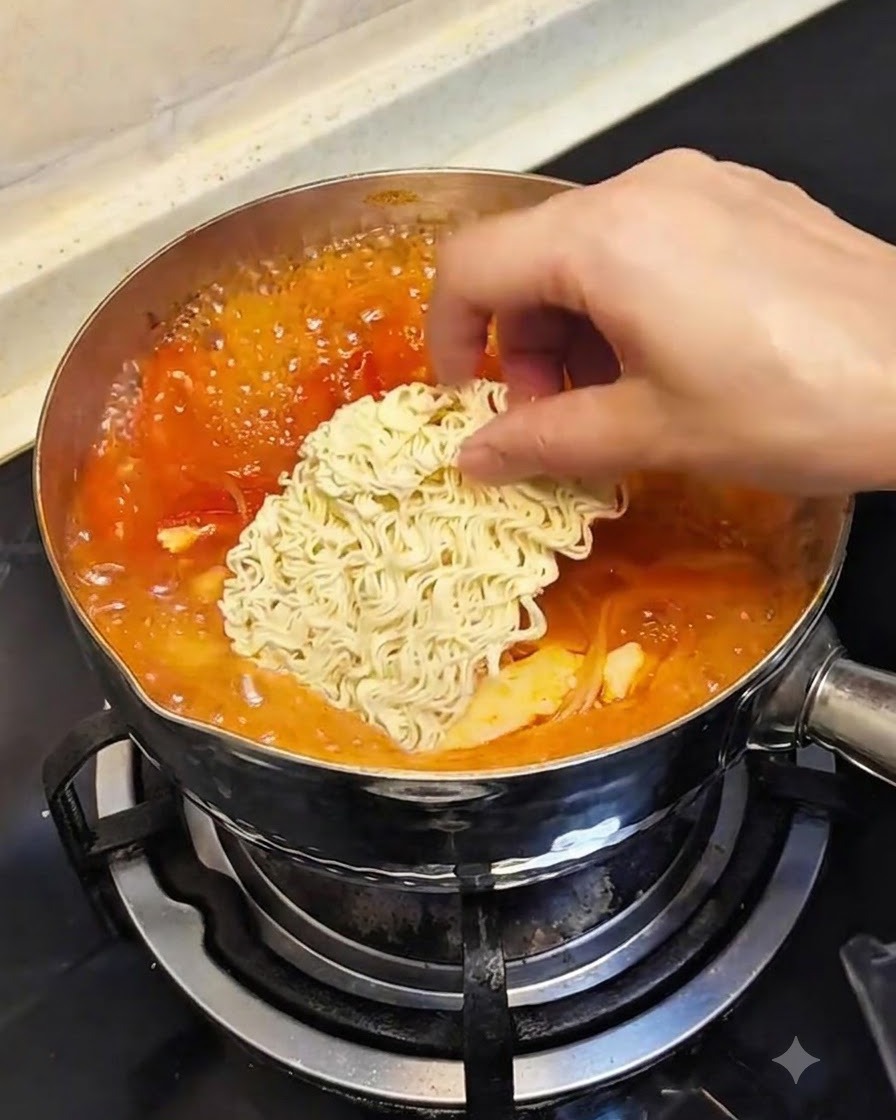Un blocco quadrato di noodles istantanei disidratati posizionato al centro della pentola dello stufato sobbollente.