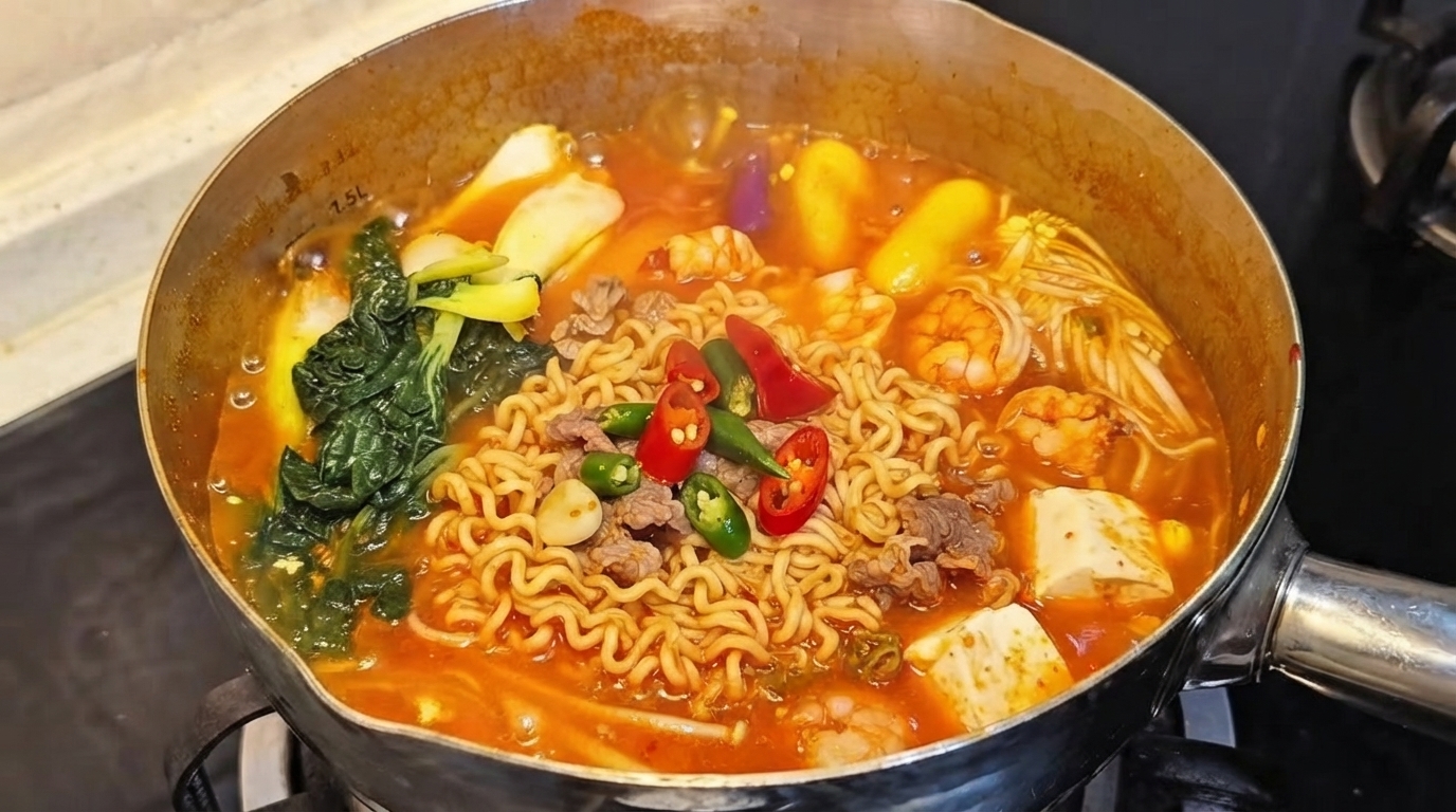 Una pentola ribollente di stufato coreano ipocalorico pieno di noodles, verdure, tofu e gamberi.