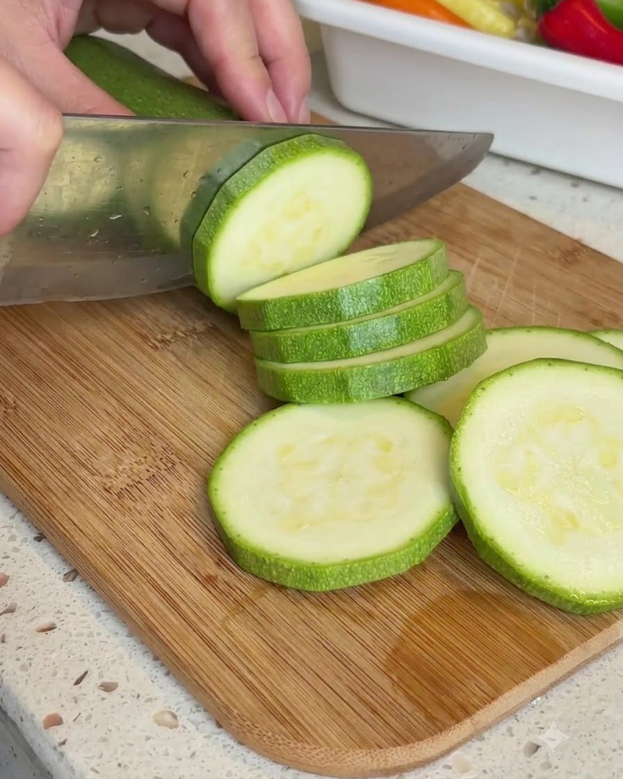 Zucchina verde tagliata a rondelle spesse su un tagliere di legno con un coltello.
